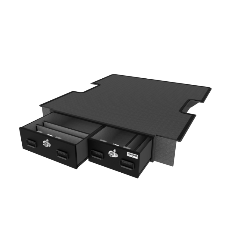 3D render of a Covered Bed Two Drawer TruckVault system. Both drawers are slightly open.