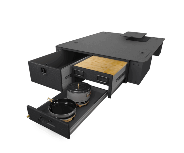 3D render of a BC1 Camp Kitchen TruckVault system with the storage drawer and kitchen drawer extended