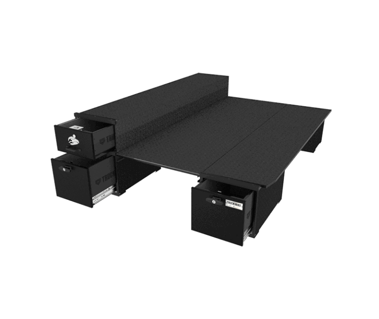 3D render of a BC3 Three Drawer TruckVault system with all 3 drawers slightly open