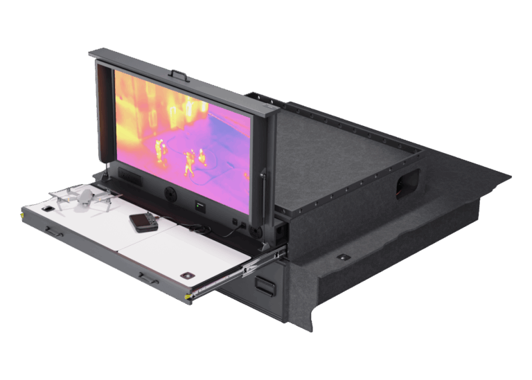 3D render of a DC8a Drone Monitor TruckVault system with the flip up monitor and work surface open and extended