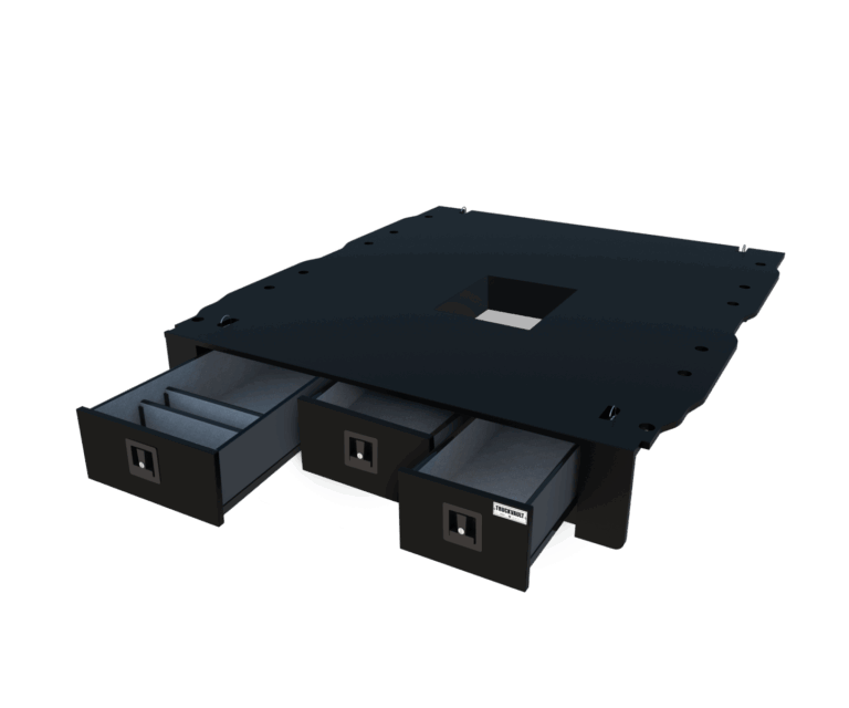 3D render of an All-Weather Gooseneck TruckVault system with all 3 drawers slightly open