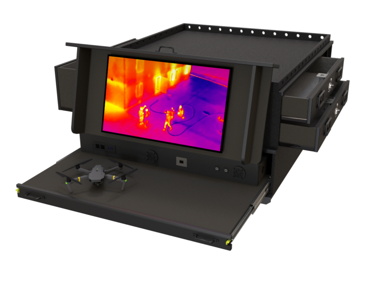 3D render of a PL1 EMS Drone TruckVault system. The folding monitor lid is lifted showing an thermal image and a drone on the heavy duty table