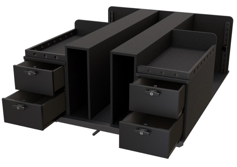 3D render of a PL2 Max Storage TruckVault system with all 4 drawers slightly open