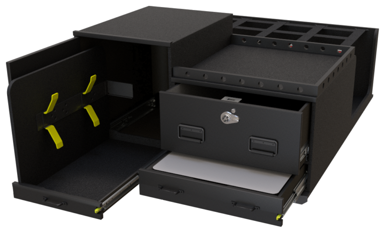 3D render of a P3 SCBA Turnout TruckVault system with the drawers and cabinet open