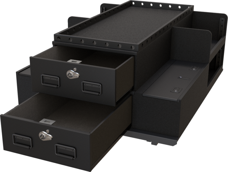 3D render of a PL4 Elite Security TruckVault system with the drawers open
