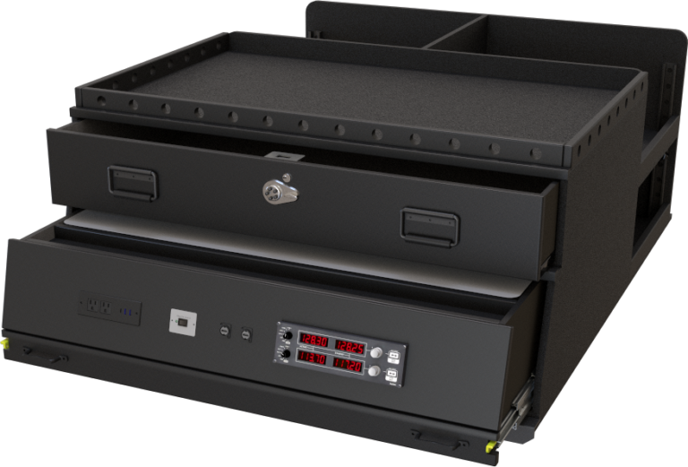 3D render of a PL5 Central Command TruckVault system with the drawer slightly open