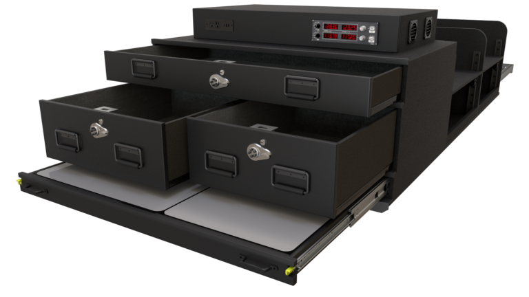 3D render of a PL6 Radio Unit TruckVault system with the drawers slightly open and the work surface extended