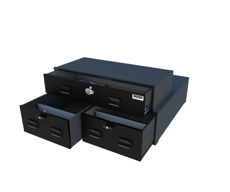 3D render of an ST1 Investigator TruckVault system with the 3 drawers slightly open
