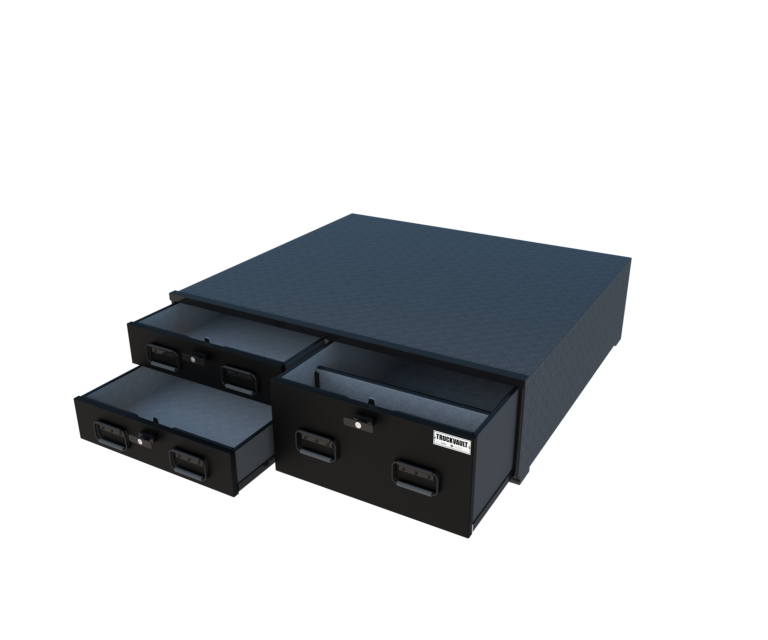 3D render of an ST2 Field Ranger TruckVault system with the 3 drawers slightly open