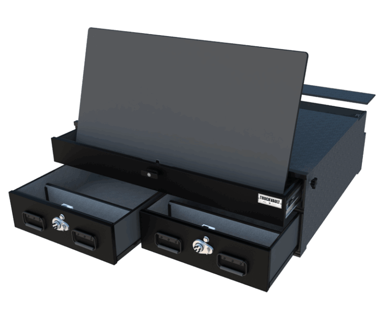 3D render of an ST3 Special Ops TruckVault system with the whiteboard upright and the lower drawers open