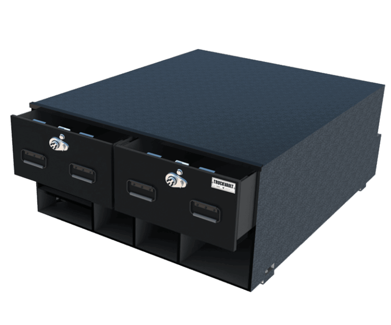 3D render of an ST4 Surveyor TruckVault system with upper drawers slightly open