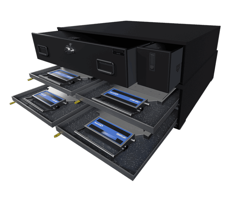 3D render of the ST5 ScaleVault by TruckVault showing the glides extended with relevant scales stored inside. The upper drawers are slightly open.