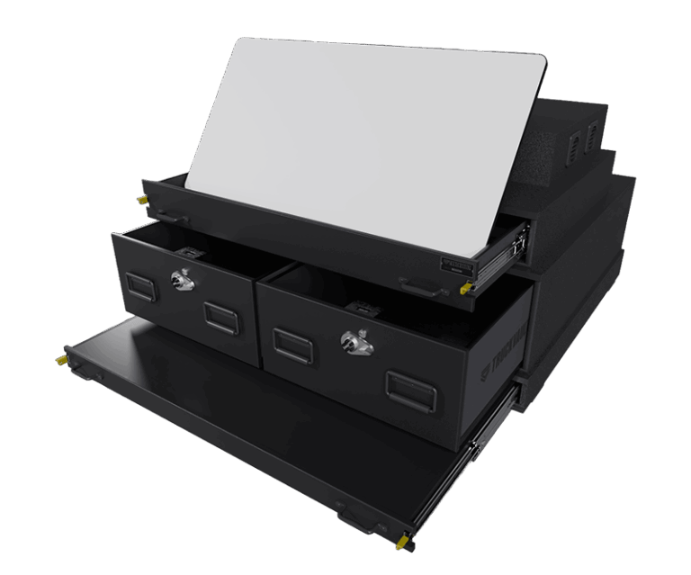 3D render of the ST6 Command Post TruckVault system with the whiteboard upright. the drawers slightly extended and the table fully extended