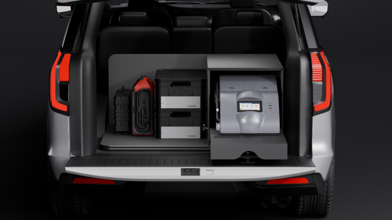 Render of the ST7 Intox System by TruckVault installed in the rear of an SUV. It shows an Intoxilyzer stored on the glide and TruckVault SidioCrates in the cubby.