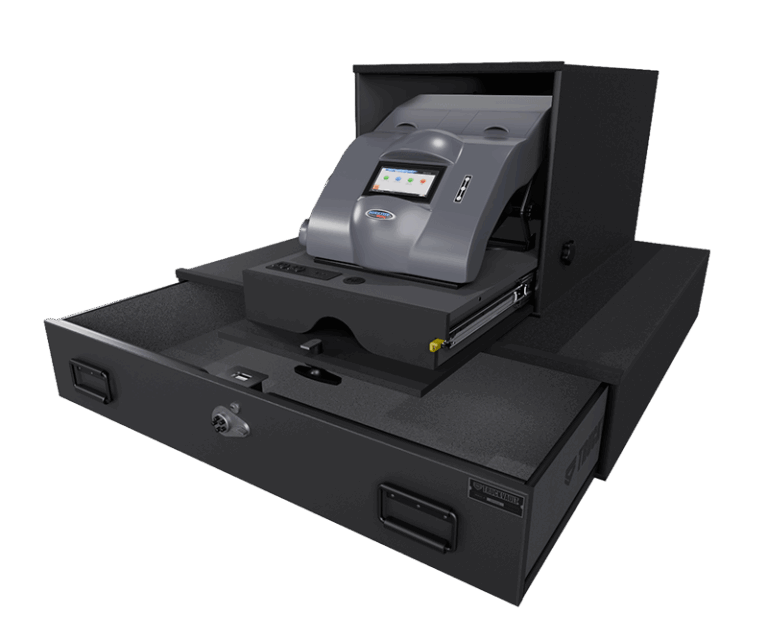 3D render of the ST7a Intox System by TruckVault with an Intoxilyzer shown on the glide and the lower drawer open