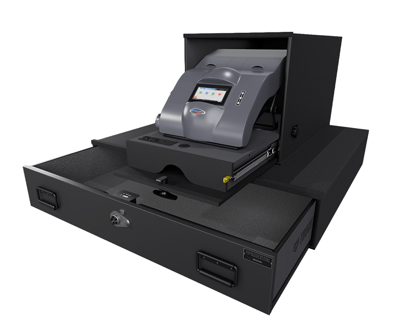 3D render of the ST7a Intox System by TruckVault with an Intoxilyzer shown on the glide and the lower drawer open