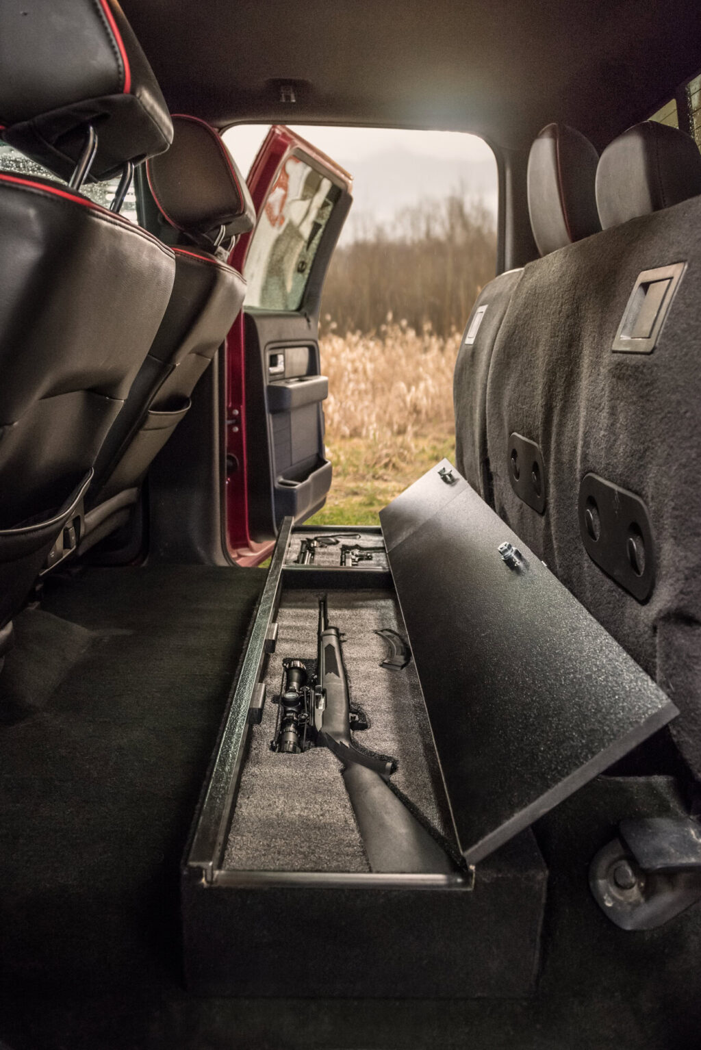 Open SeatVault Two Door in the back of a crew cab truck