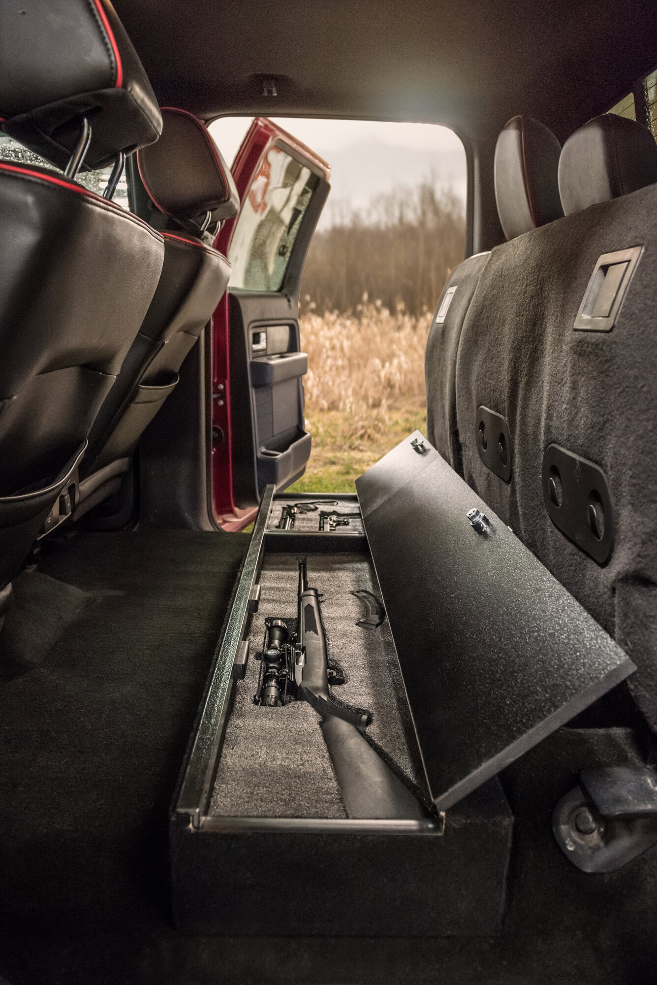 Open SeatVault Two Door in the back of a crew cab truck