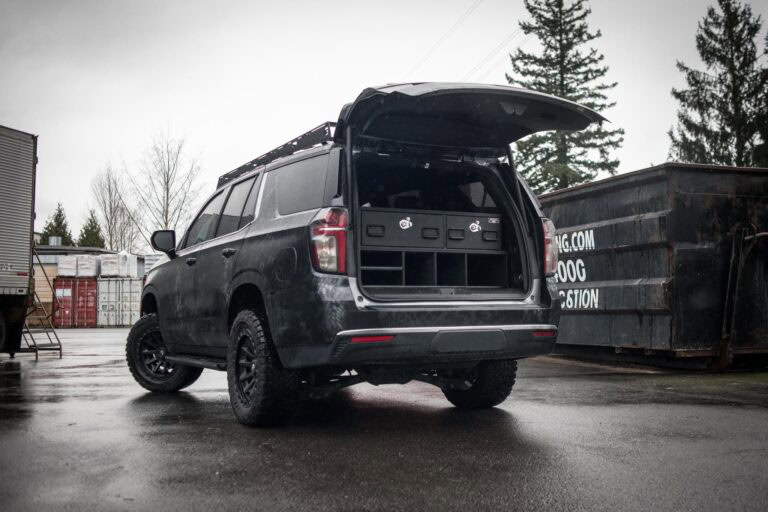 ST4 Surveyor TruckVault system installed in the rear of a Chevrolet Tahoe.