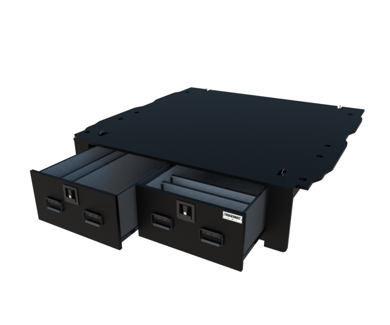 3D render of an All-Weather Two-Drawer TruckVault system. Both drawers are slightly open.