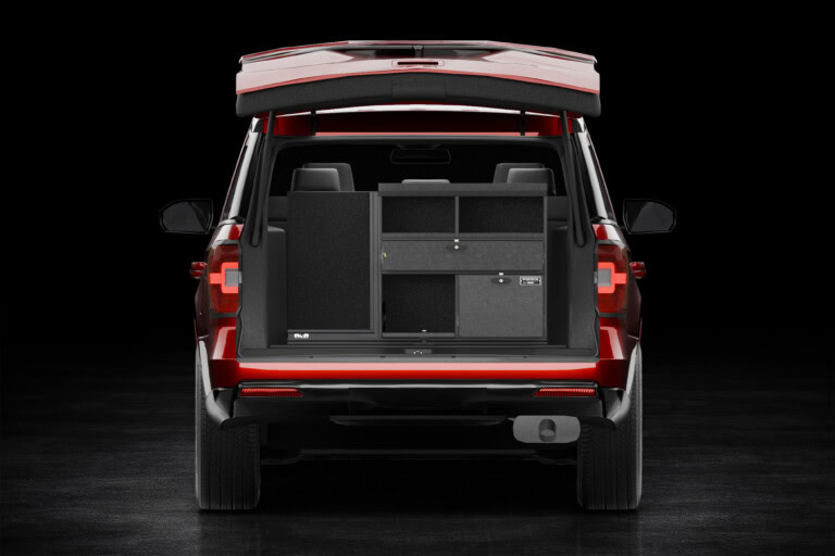 3D render of the EM5 Cubby Stack System installed in the back of an SUV