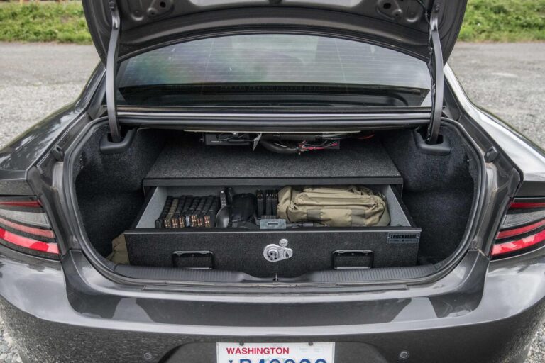 Sedan Series 1-Drawer Floormount TruckVault system installed in a Dodge Charger