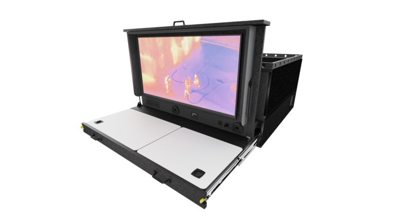 3D render of a DC8 b a digital command center for SUVs. The unit is shown with the folding monitor flipped up and the work table/dry erase surface extended