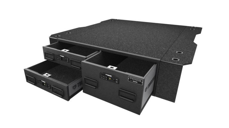 3D render of the ST2 CB Field Ranger for pickup trucks shown with drawers slightly open