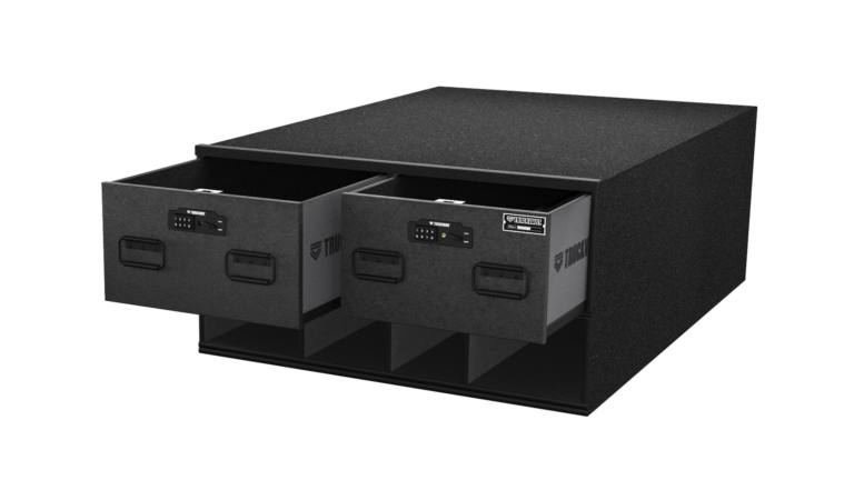 3D render of the ST4 CB system for pickup trucks shown with drawers partially open