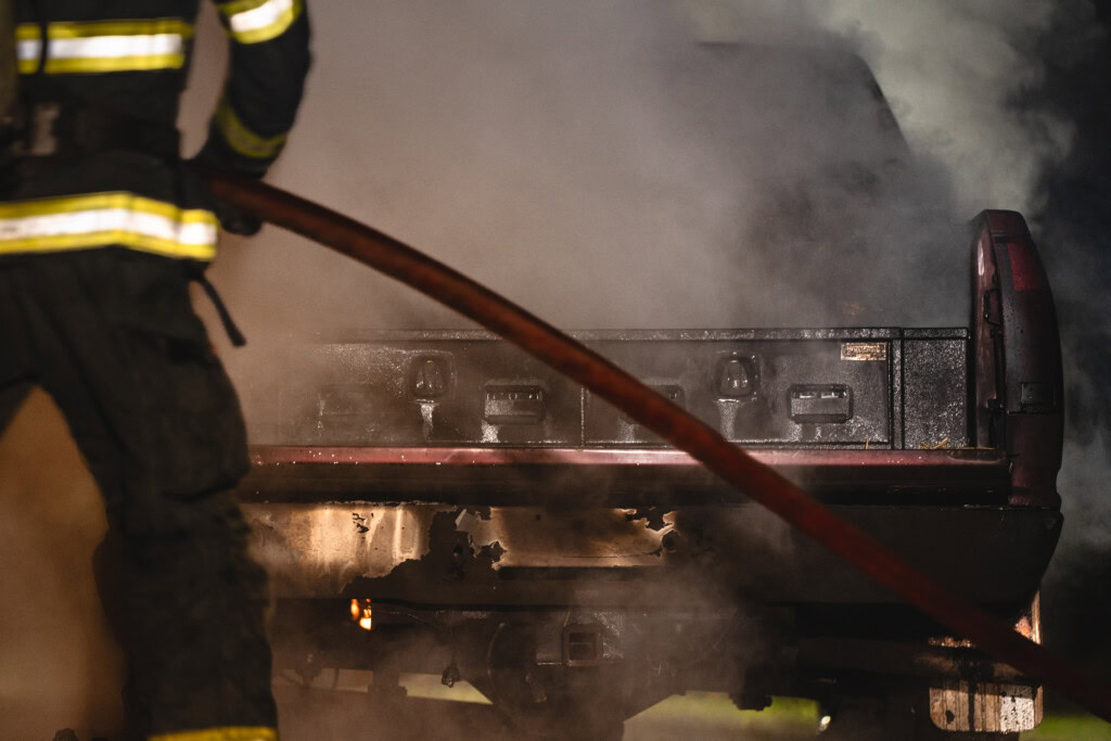 Fire and water resistance test on TruckVault storage system.